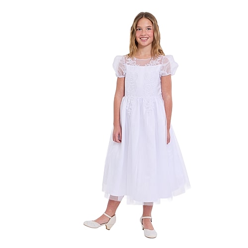 Bonnie Jean Big Kid Girls Communion Short Sleeve Puffed Flower Girl Fit + Flare Dress In White
