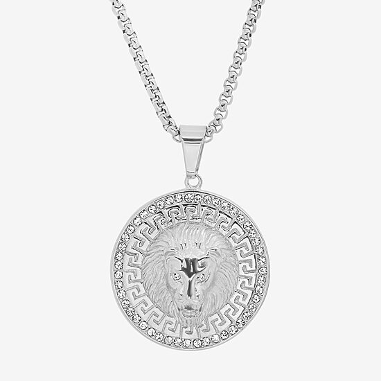 Steeltime Lion Mens Cubic Zirconia Stainless Steel Round Hypoallergenic 24 Inch Pendant Necklace