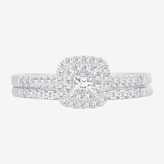 1/2 CT.T.W. Natural Diamond Cushion Shape Side Stone Halo Bridal Set in 10K or 14K Gold