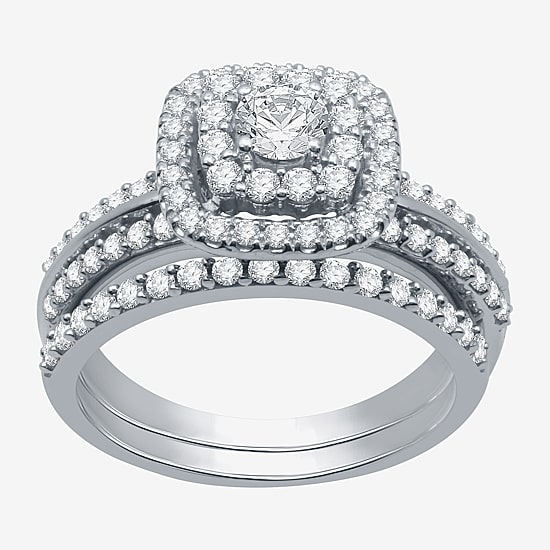 Signature By Modern Bride Womens 1 1/4 CT. T.W. Natural Diamond 10K Gold Cushion Side Stone Halo Bridal Set