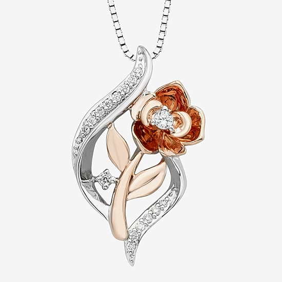 Enchanted Disney Fine Jewelry Womens 1/10 CT. T.W. Natural White Diamond Sterling Silver Flower 18 Inch Pendant Necklace