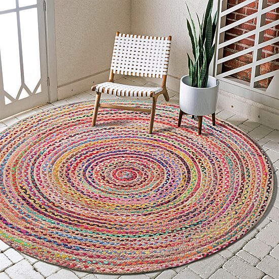 Halen Dia Geometric Braided Stain Resistant Indoor Round Accent Rug