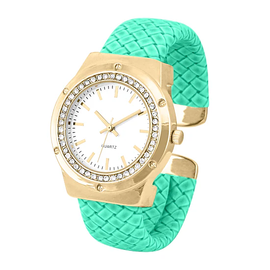 Womens Crystal-Accent Mint Faux Leather Cuff Bangle Watch