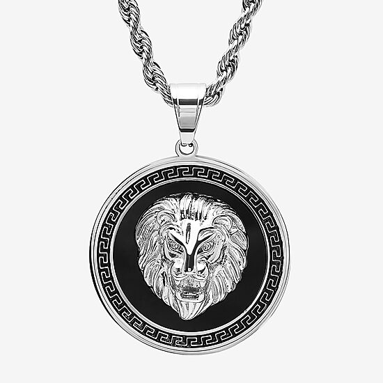 Steeltime Lion Mens Cubic Zirconia Stainless Steel Round Hypoallergenic 24 Inch Pendant Necklace