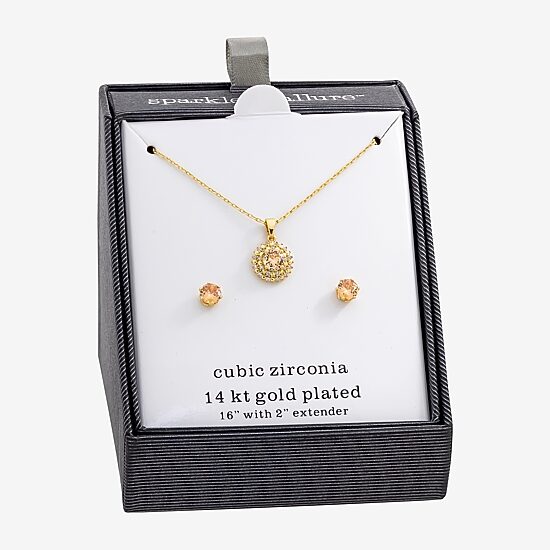 Sparkle Allure Womens Champagne Cubic Zirconia 14K Gold Over Brass Round 2-pc. Jewelry Set