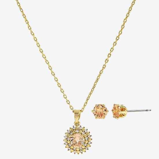 Sparkle Allure Womens Champagne Cubic Zirconia 14K Gold Over Brass Round 2-pc. Jewelry Set