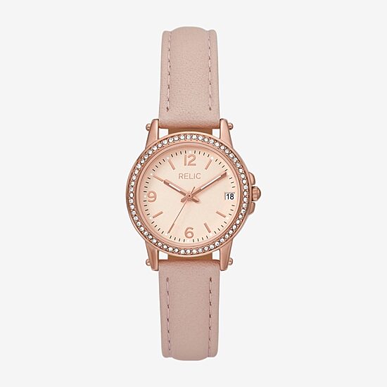 Relic By Fossil Womens Pink Leather Strap Watch Zr34647