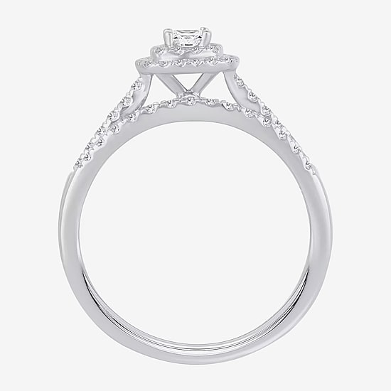 1/2 CT.T.W. Natural Diamond Cushion Shape Side Stone Halo Bridal Set in 10K or 14K Gold