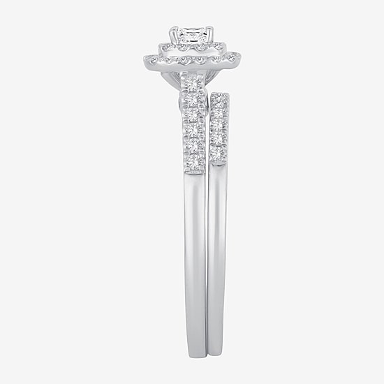 1/2 CT.T.W. Natural Diamond Cushion Shape Side Stone Halo Bridal Set in 10K or 14K Gold