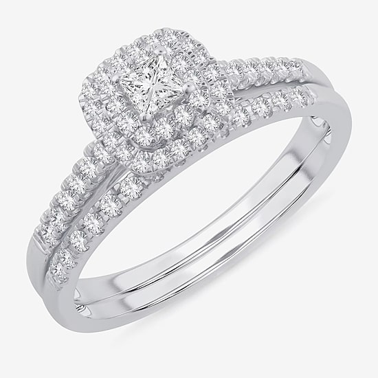 1/2 CT.T.W. Natural Diamond Cushion Shape Side Stone Halo Bridal Set in 10K or 14K Gold