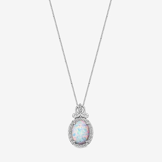 Enchanted Disney Fine Jewelry 1/10 CT. T.W. Diamond and Lab-Created Opal "Cinderella" Sterling Silver Pendant Necklace