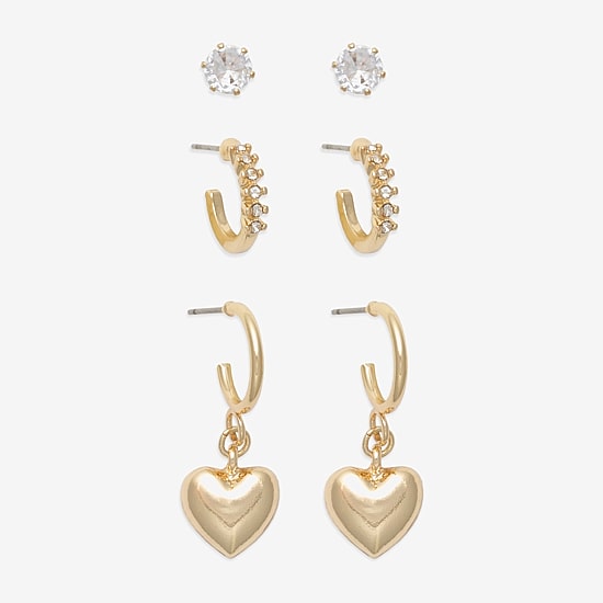 Mixit Gold Tone Stud & Hoop Womens Cubic Zirconia Heart Hypoallergenic 3 Pair Earring Set