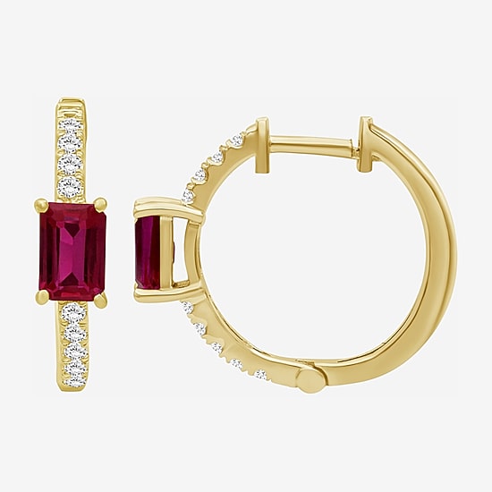 Womens Emerald-cut Gemstone & 1/4 CT. T.W. Lab-Grown Diamond 10K Gold 18.6mm Hoop Earrings
