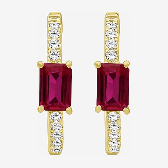 Womens Emerald-cut Gemstone & 1/4 CT. T.W. Lab-Grown Diamond 10K Gold 18.6mm Hoop Earrings