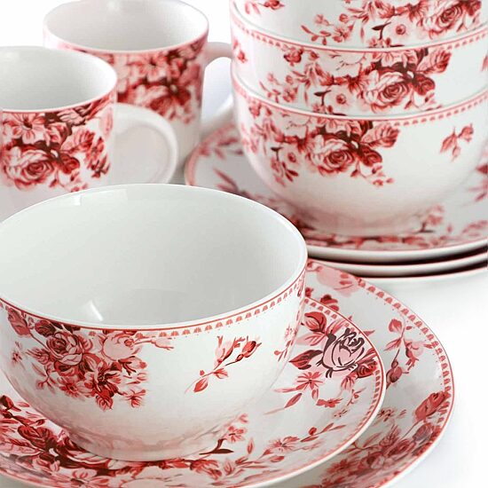 Elama Traditional Red Rose 16-pc. Stoneware Dinnerware Set