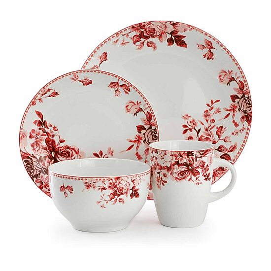 Elama Traditional Red Rose 16-pc. Stoneware Dinnerware Set