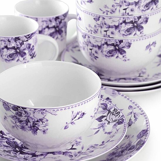 Elama Traditional Purple Rose 16-pc. Stoneware Dinnerware Set