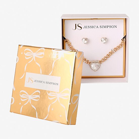 JS Jessica Simpson Gold Tone Collar Necklace  & Stud Earring Womens Glass Heart 3-pc. Jewelry Set
