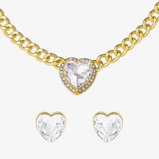 JS Jessica Simpson Gold Tone Collar Necklace  & Stud Earring Womens Glass Heart 3-pc. Jewelry Set
