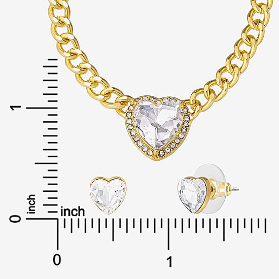 JS Jessica Simpson Gold Tone Collar Necklace  & Stud Earring Womens Glass Heart 3-pc. Jewelry Set