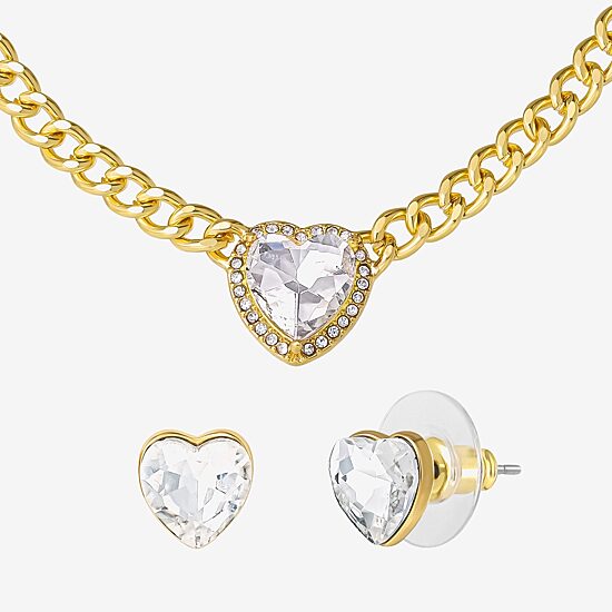JS Jessica Simpson Gold Tone Collar Necklace  & Stud Earring Womens Glass Heart 3-pc. Jewelry Set