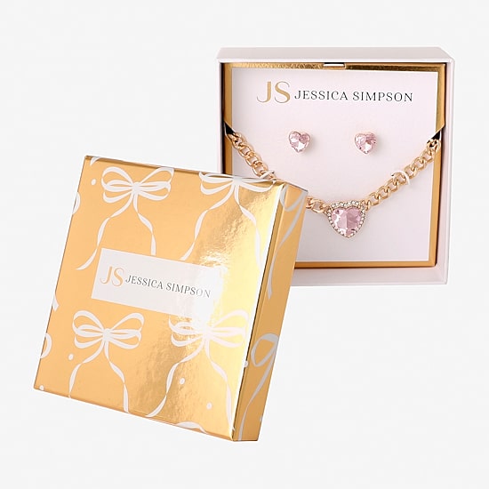 JS Jessica Simpson Gold Tone Collar Necklace  & Stud Earring Womens Pink Glass Heart 3-pc. Jewelry Set