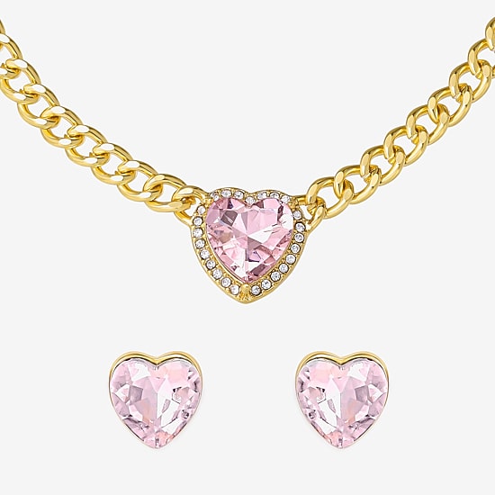 JS Jessica Simpson Gold Tone Collar Necklace  & Stud Earring Womens Pink Glass Heart 3-pc. Jewelry Set