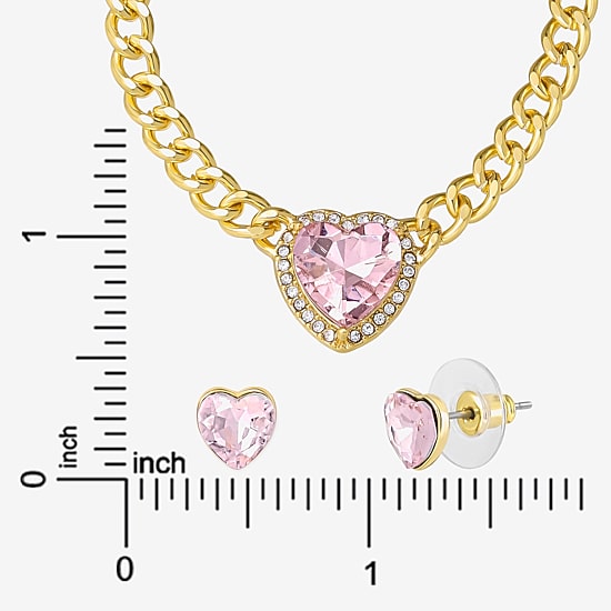 JS Jessica Simpson Gold Tone Collar Necklace  & Stud Earring Womens Pink Glass Heart 3-pc. Jewelry Set