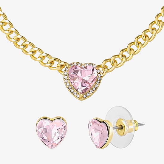 JS Jessica Simpson Gold Tone Collar Necklace  & Stud Earring Womens Pink Glass Heart 3-pc. Jewelry Set