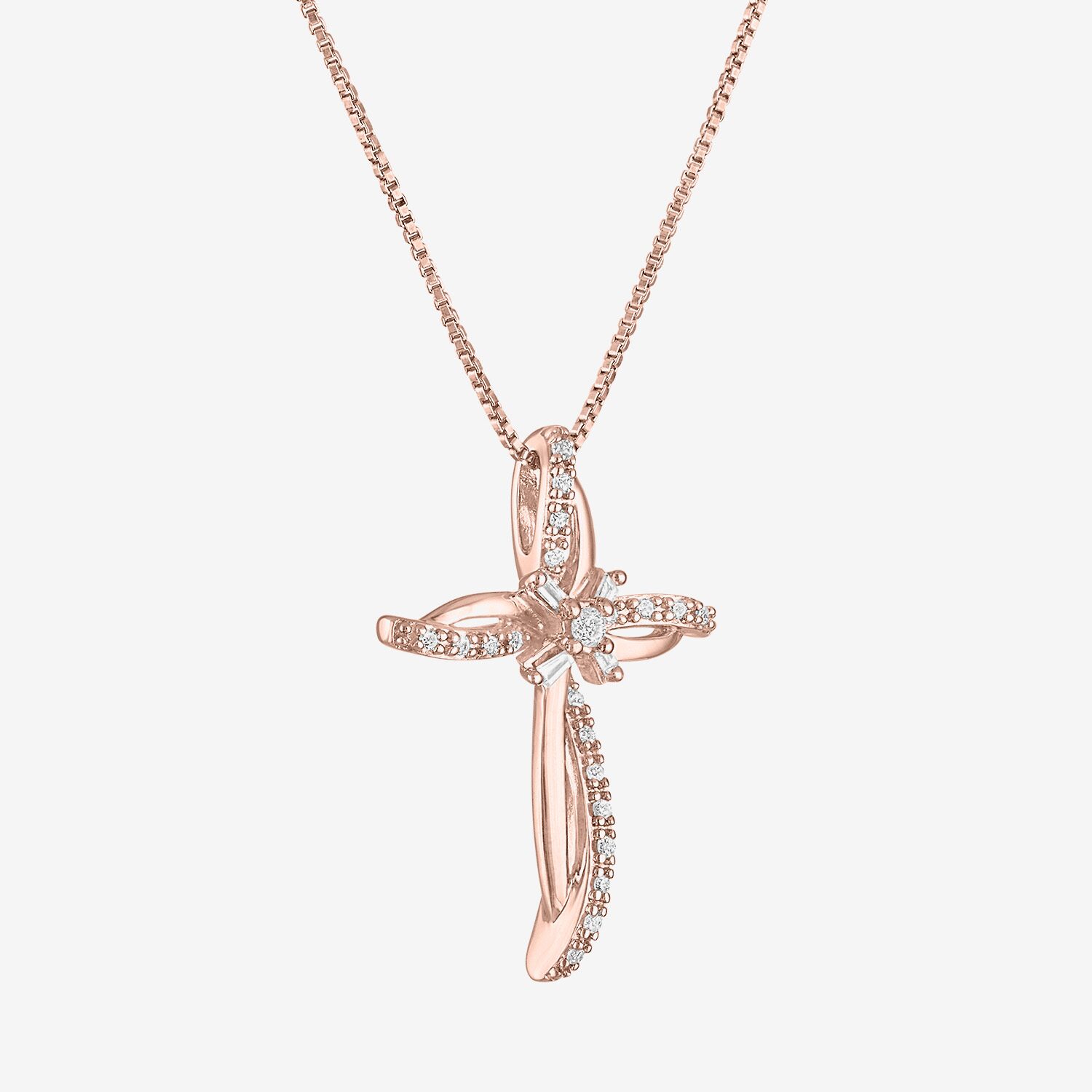 Womens 1/10 CT. T.W. Natural White Diamond 14K Rose Gold Over Silver Cross 18 Inch Pendant Necklace