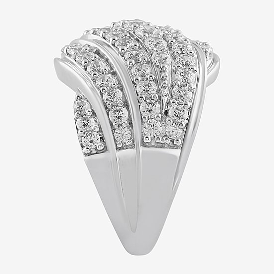 (I / I2) Womens 2 CT.T.W. Lab Grown White Diamond Sterling Silver Round Cluster Crossover Cocktail Ring