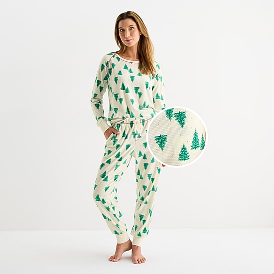 Sleep Chic Womens Fleece Crew Neck Long Sleeve 2-pc. Pajama Set