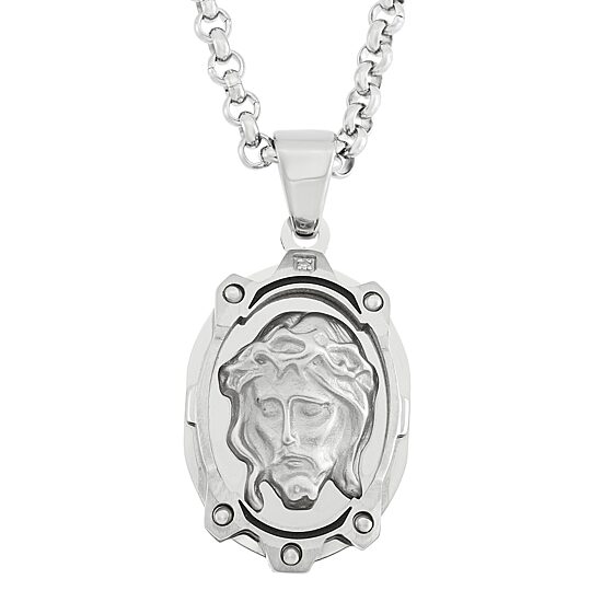 Diamond-Accent Jesus Stainless Steel Medal Pendant Necklace