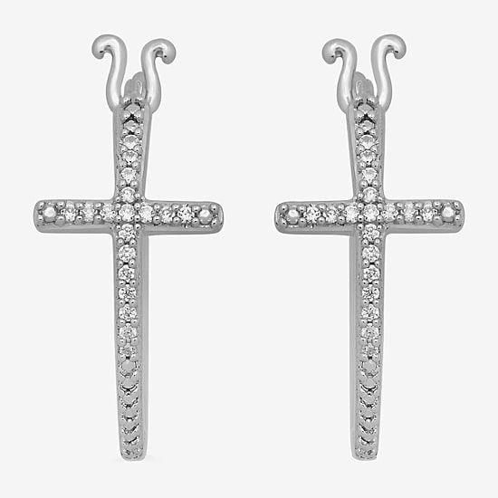 Womens 1/10 CT. T.W. Natural White Diamond Sterling Silver 17mm Cross Hoop Earrings