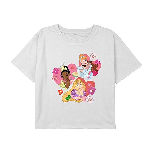 Disney Collection Little & Big Kid Girls Crew Neck Short Sleeve Regular Fit Cinderella Princess Rapunzel Graphic T-Shirt, X-small, White