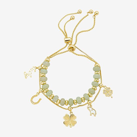 Footnotes Lucky Elephant Horseshoe Charm Womens Green Jade Box 10K Gold Over Brass Clover Bangle Bracelet