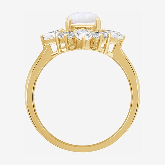 Womens Lab Created White Opal 14K Gold Over Silver Oval Cocktail Ring