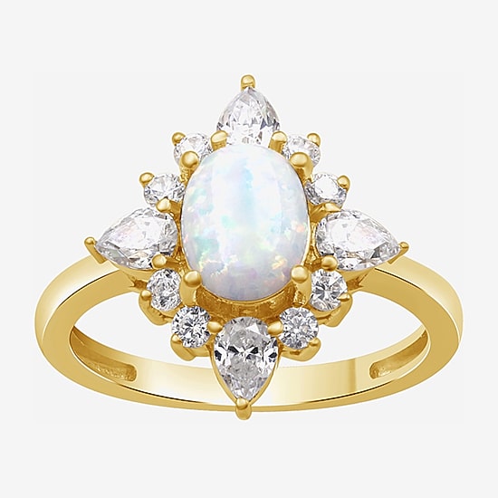 Womens Lab Created White Opal 14K Gold Over Silver Oval Cocktail Ring
