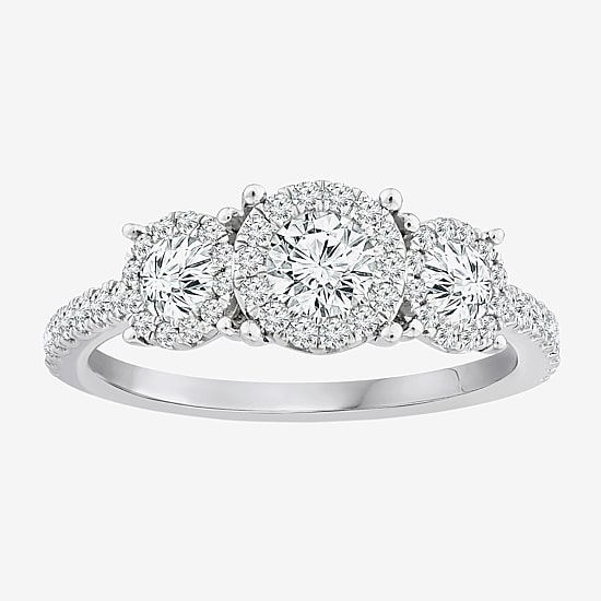 (I / I1) Womens 1 CT. T.W. Lab Grown White Diamond 10K White Gold Round Side Stone 3-Stone Engagement Ring