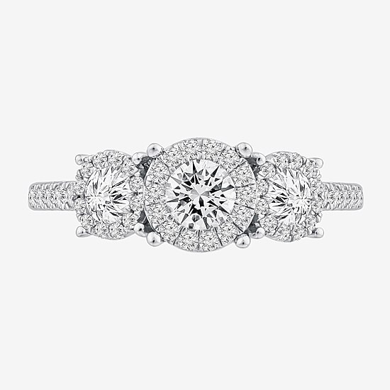 (I / I1) Womens 1 CT. T.W. Lab Grown White Diamond 10K White Gold Round Side Stone 3-Stone Engagement Ring