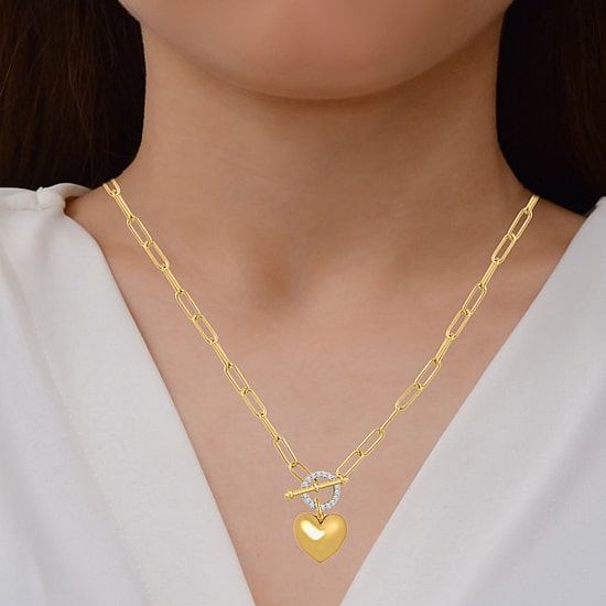 (I / I2) Womens 1/10 CT. T.W. Lab Grown White Diamond 14K Gold Over Silver Heart 18 Inch Pendant Necklace