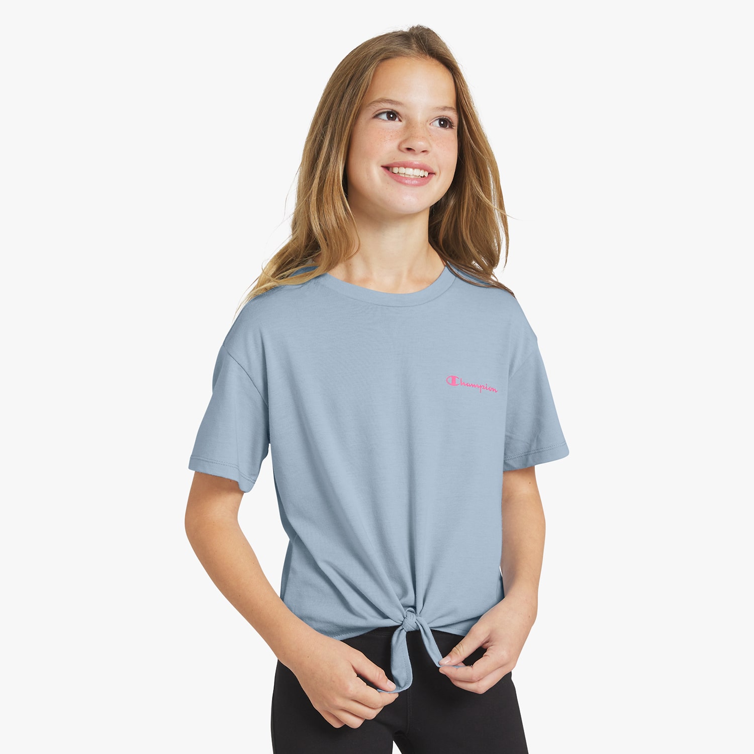 Champion Tie Front Big Kid Girls Round Neck Short Sleeve Relaxed Fit Graphic T-Shirt