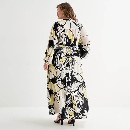 Premier Amour Womens Plus V Neck Long Sleeve Puffed Maxi Dress
