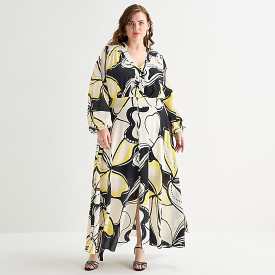 Premier Amour Womens Plus V Neck Long Sleeve Puffed Maxi Dress