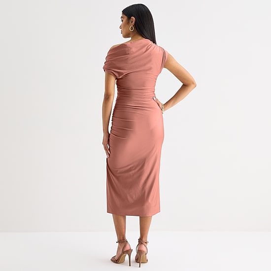 Premier Amour One Shoulder Womens Midi Asymmetrical Neck Short Sleeve Sheath Dress