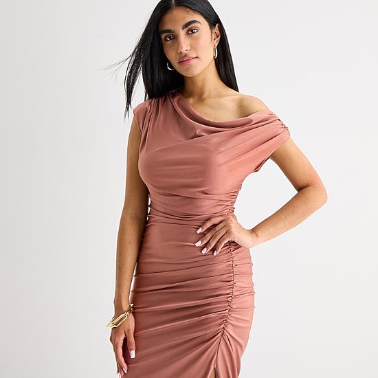 Premier Amour One Shoulder Womens Midi Asymmetrical Neck Short Sleeve Sheath Dress