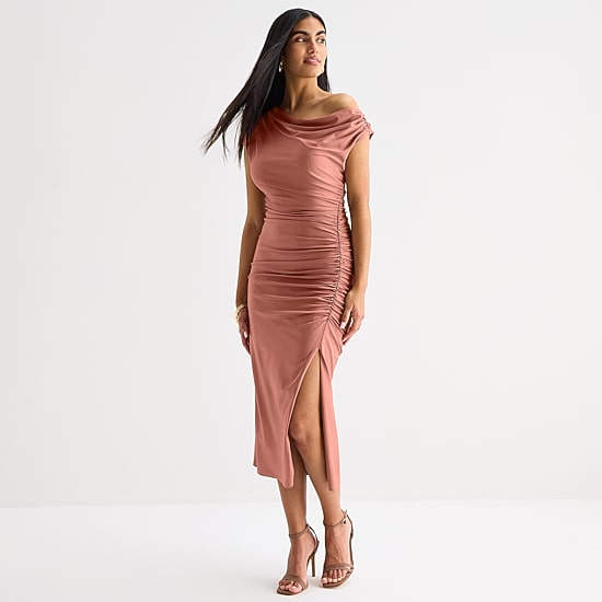 Premier Amour One Shoulder Womens Midi Asymmetrical Neck Short Sleeve Sheath Dress