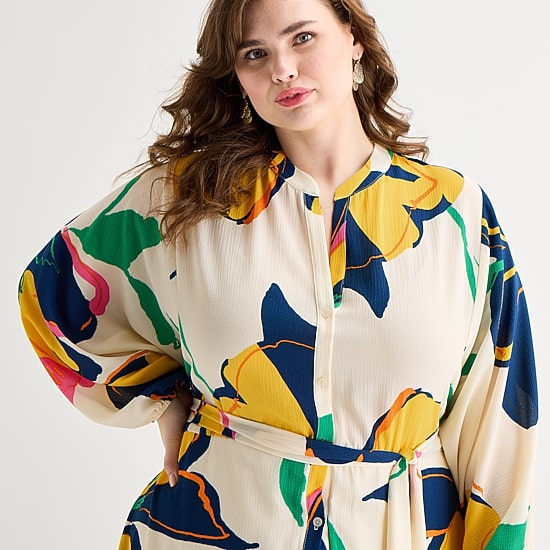 Premier Amour Womens Plus Midi V Neck Long Sleeve Puffed Floral Fit + Flare Dress