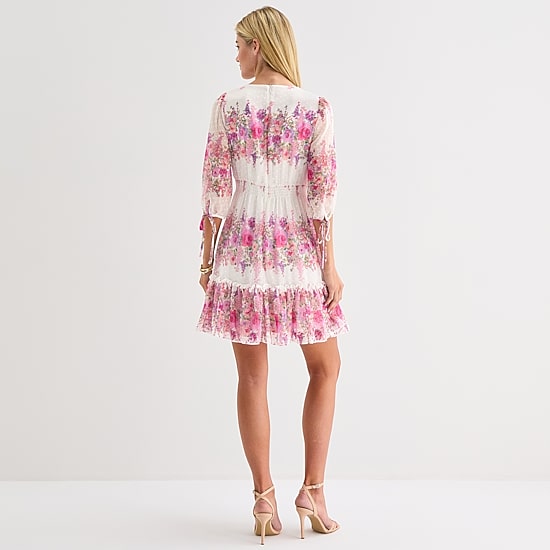 Melonie T Womens V Neck 3/4 Sleeve Chiffon Floral Fit + Flare Dress