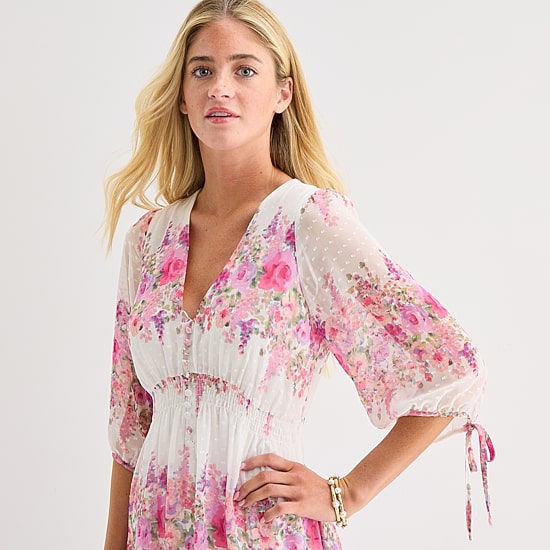Melonie T Womens V Neck 3/4 Sleeve Chiffon Floral Fit + Flare Dress
